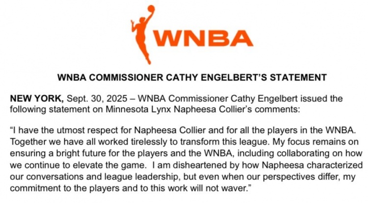 WNBA总裁回应科利尔炮轰:致力于推动发展 对她的言论感到遗憾