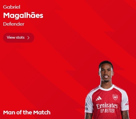 攻防俱佳，头球制胜！官方：加布里埃尔当选2-1纽卡全场最佳球员