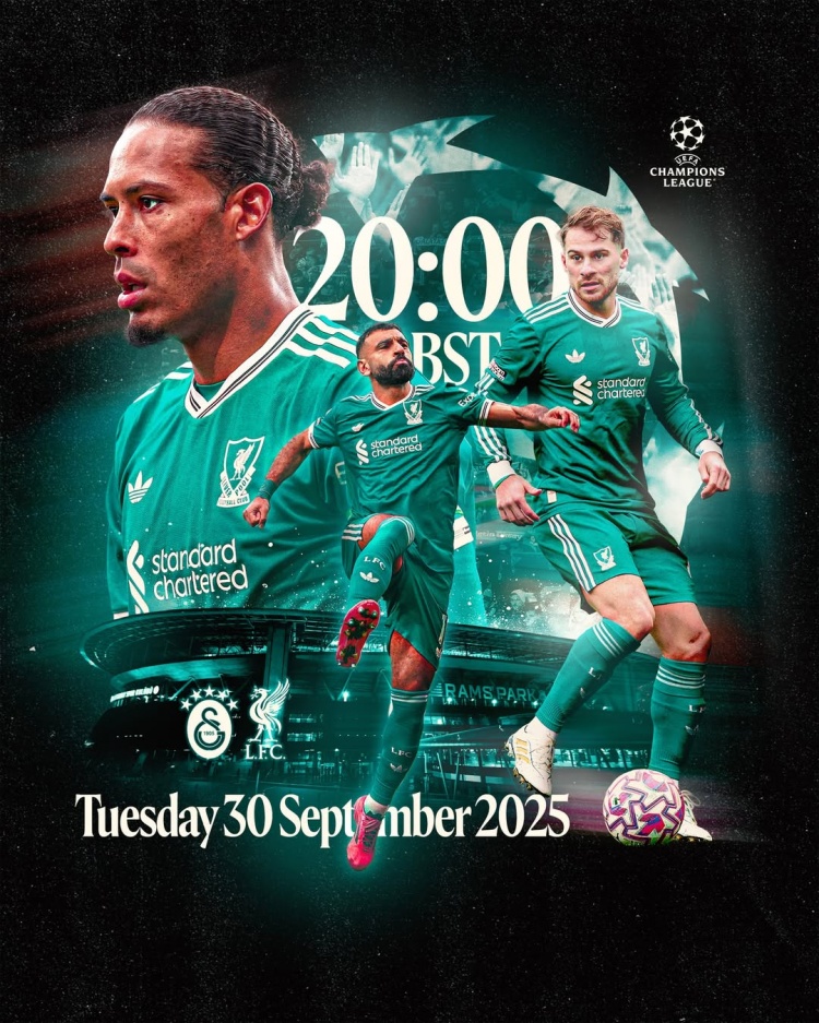 利物浦发布欧冠海报：萨拉赫、范迪克、麦卡利斯特出镜