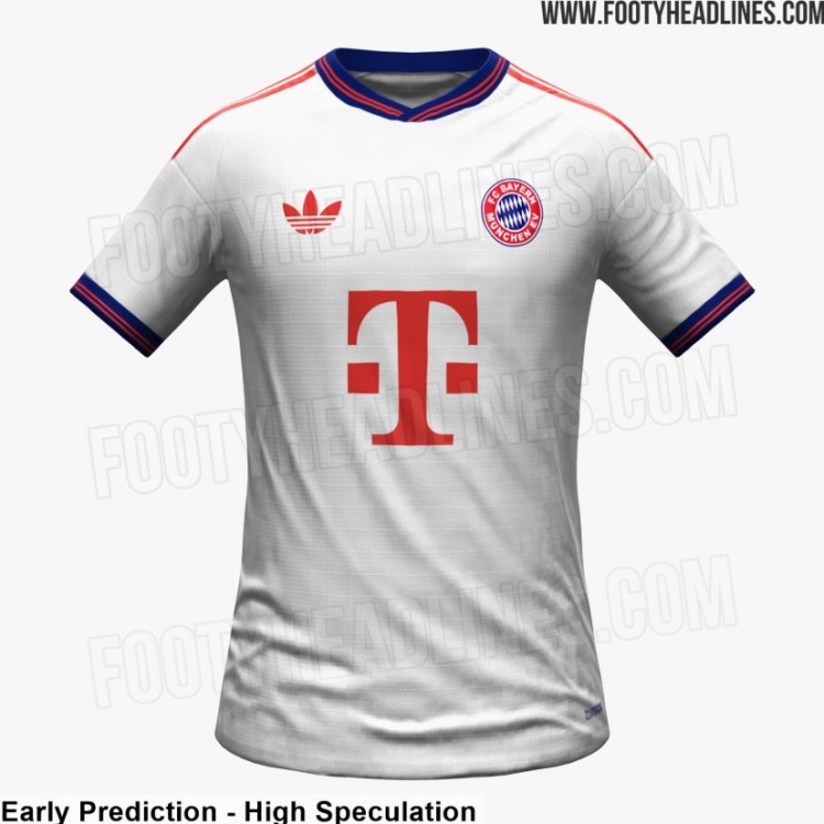 外媒泄露拜仁26/27赛季客场球衣：白色主色调，EV队徽回归